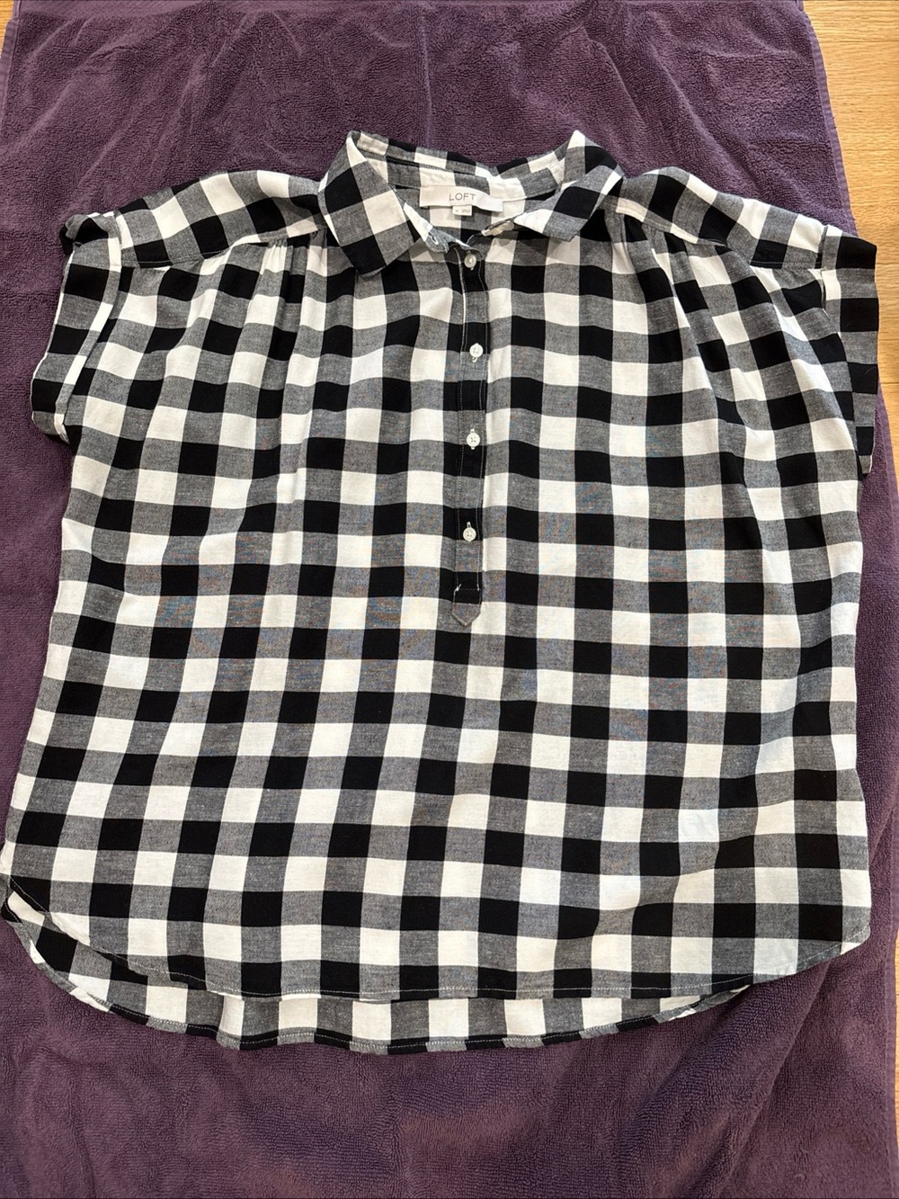 LOFT black and white plaid viscose/cotton/linen blend popover blouse  - XL